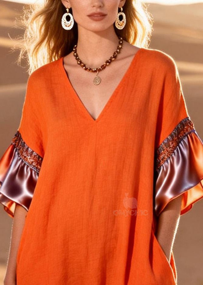 Boutique Orange Oversized Patchwork Cotton Holiday Dresses Summer