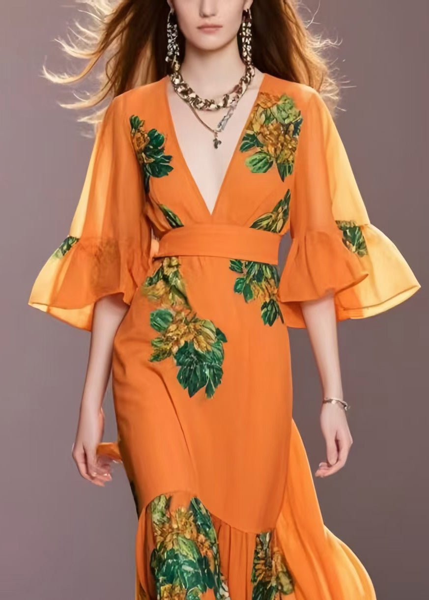 Boutique Orange Print Chiffon Robe Dresses Flare Sleeve