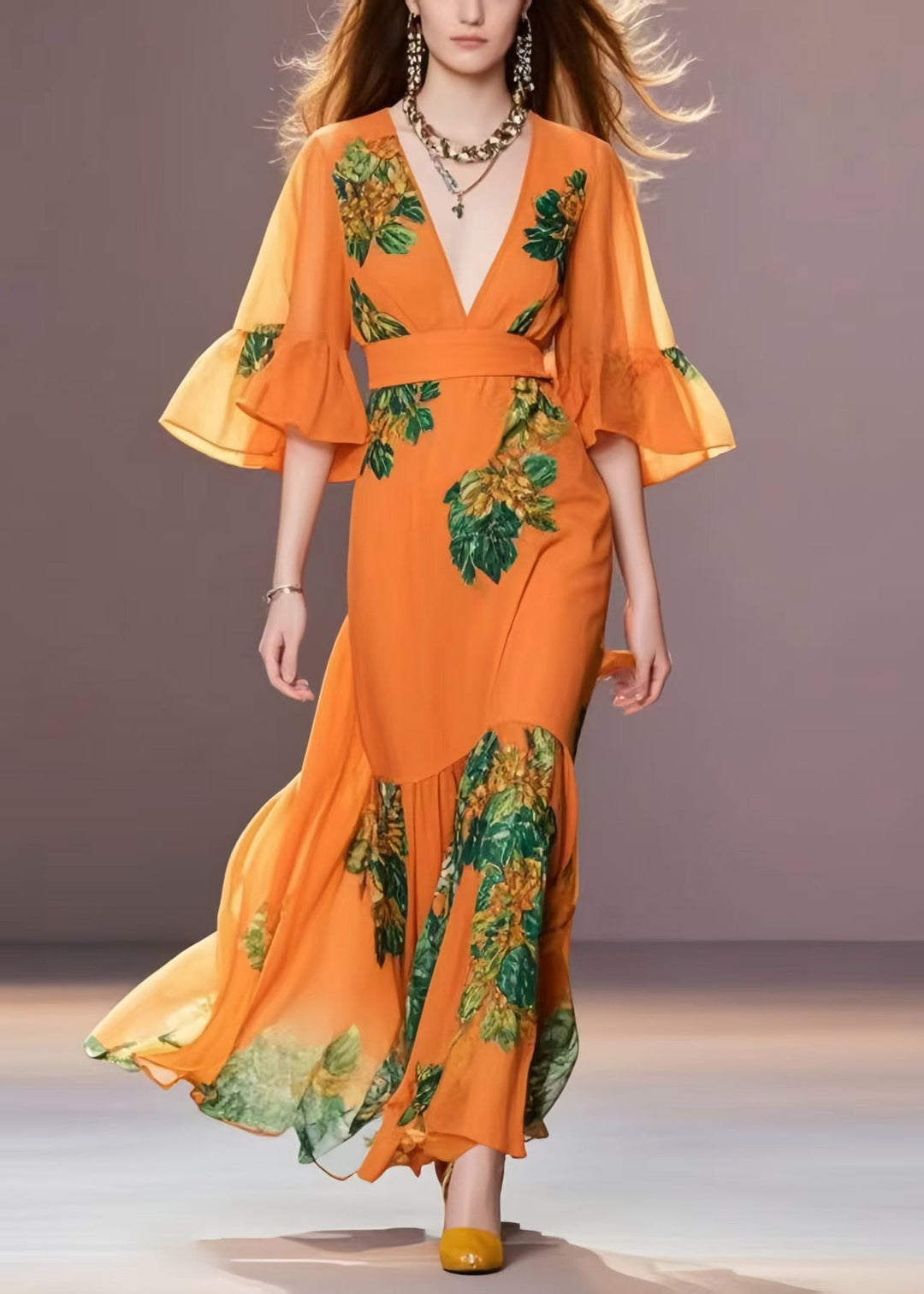 Boutique Orange Print Chiffon Robe Dresses Flare Sleeve