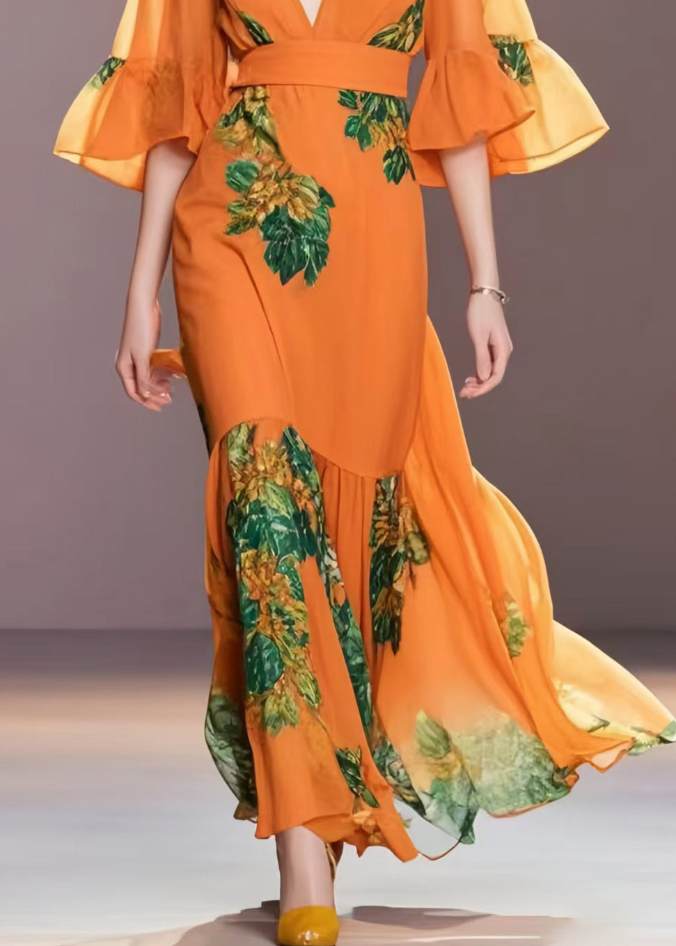 Boutique Orange Print Chiffon Robe Dresses Flare Sleeve