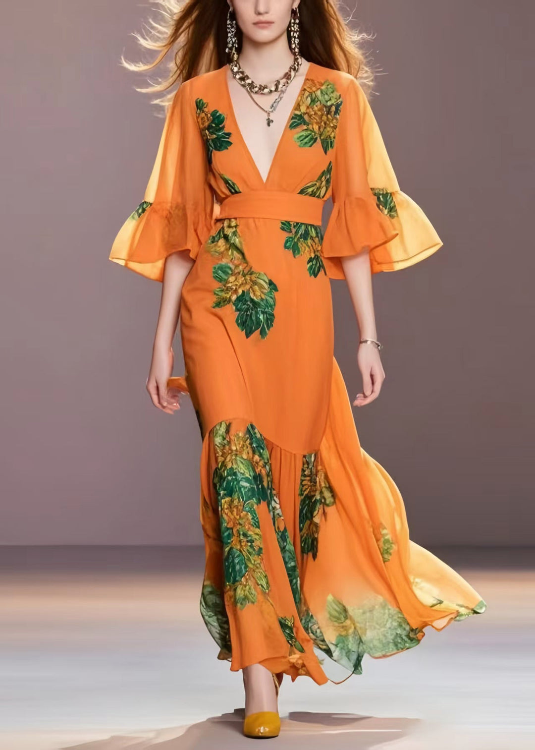 Boutique Orange Print Chiffon Robe Dresses Flare Sleeve