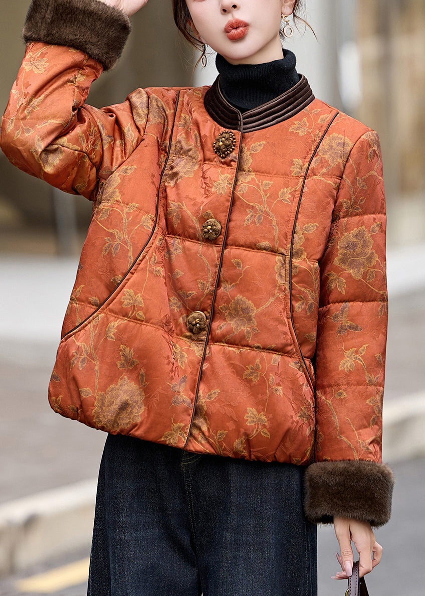 Boutique Orange Print Patchwork Faux Fur Fine Cotton Filled Jacket In Winter