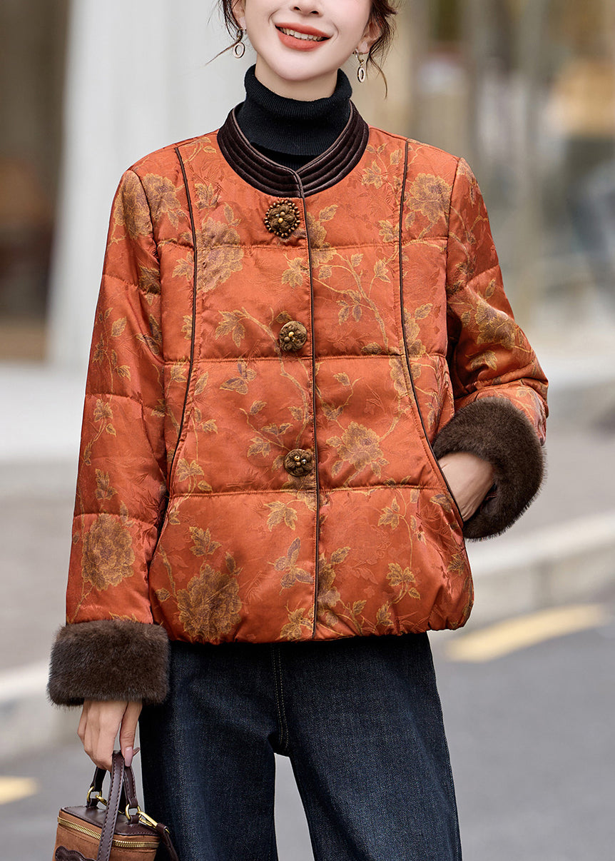 Boutique Orange Print Patchwork Faux Fur Fine Cotton Filled Jacket In Winter
