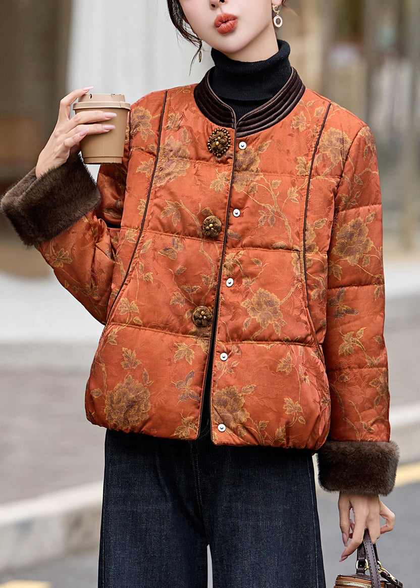 Boutique Orange Print Patchwork Faux Fur Fine Cotton Filled Jacket In Winter
