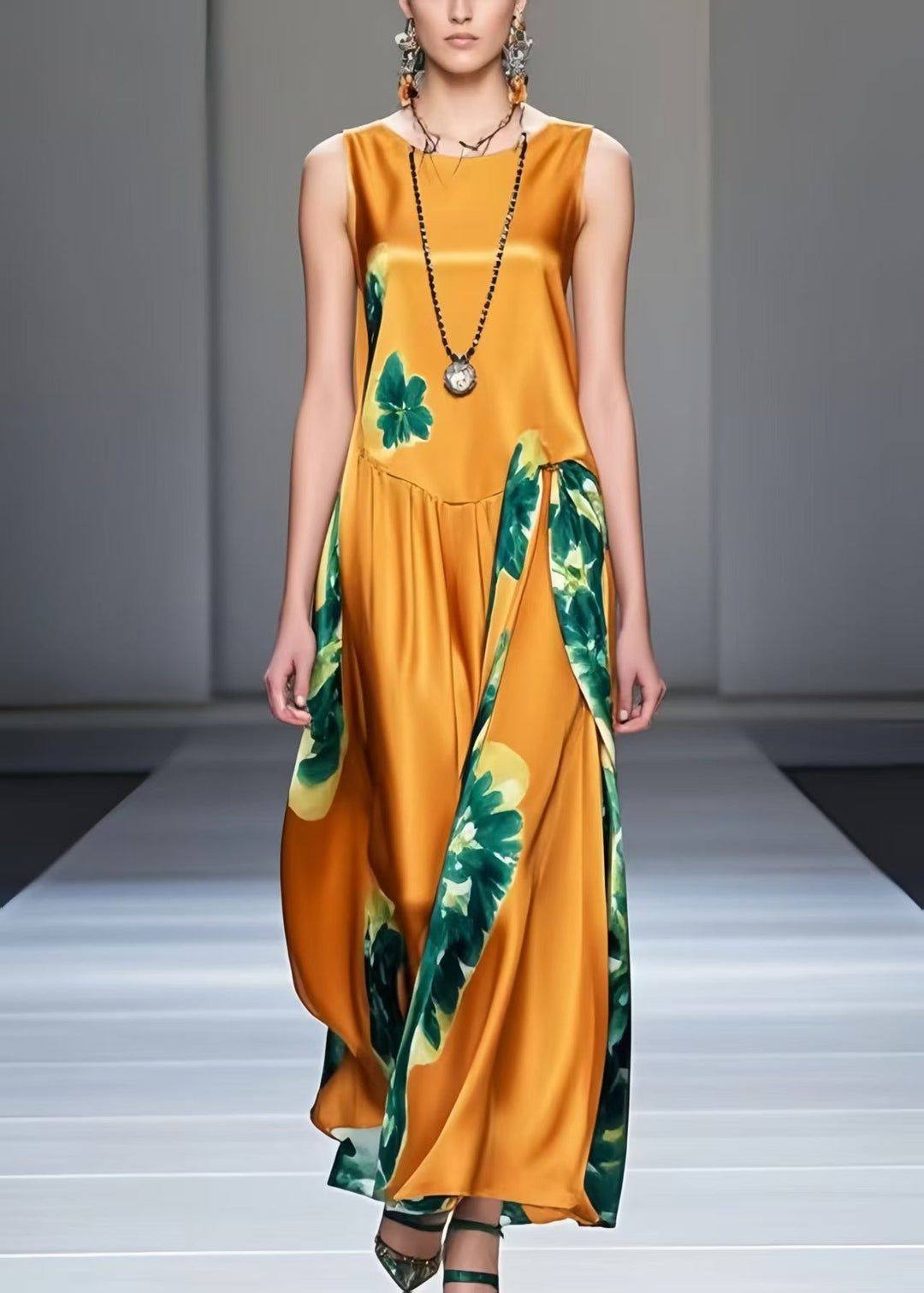 Boutique Orange Print Silk Long Dresses Sleeveless