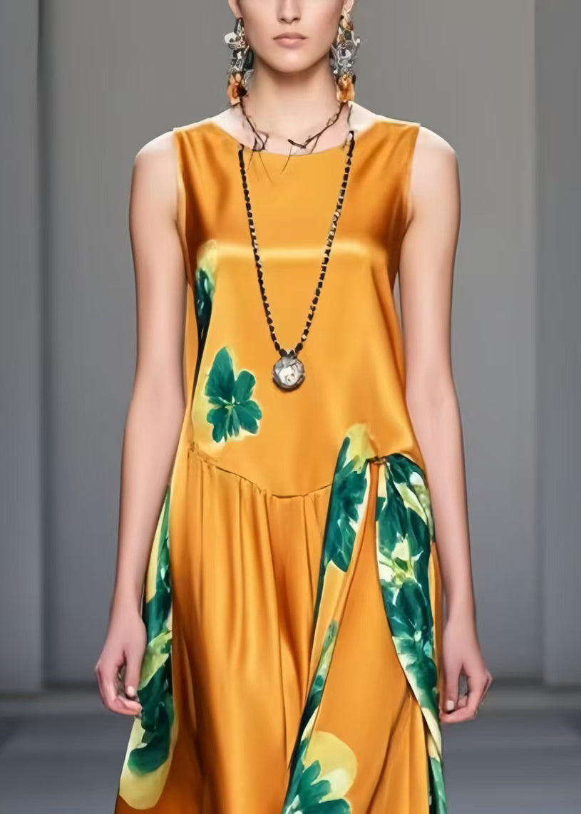 Boutique Orange Print Silk Long Dresses Sleeveless