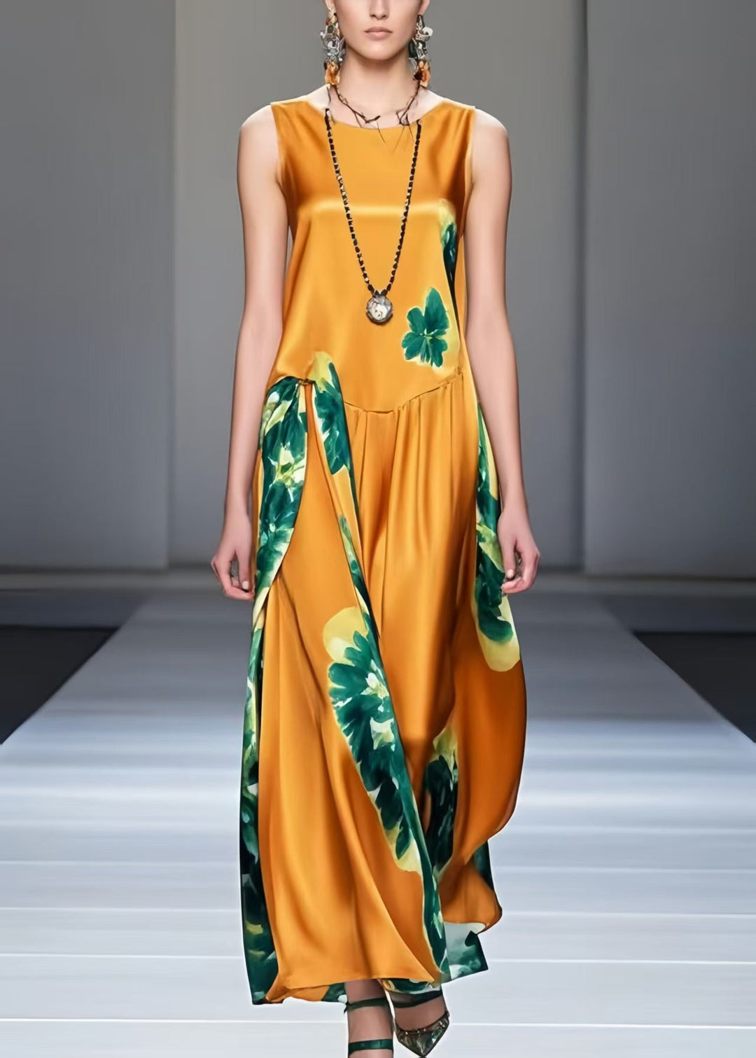 Boutique Orange Print Silk Long Dresses Sleeveless