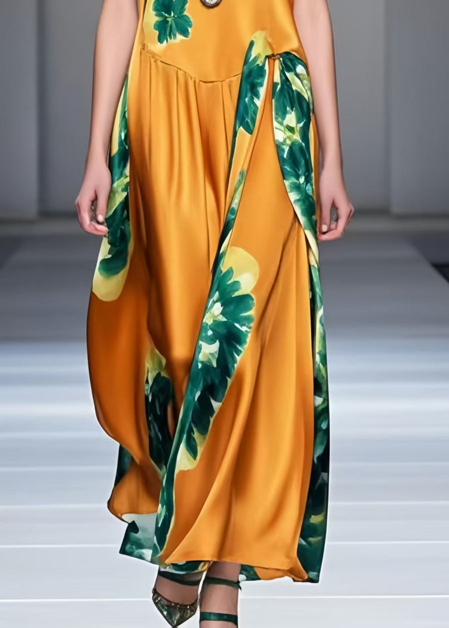 Boutique Orange Print Silk Long Dresses Sleeveless