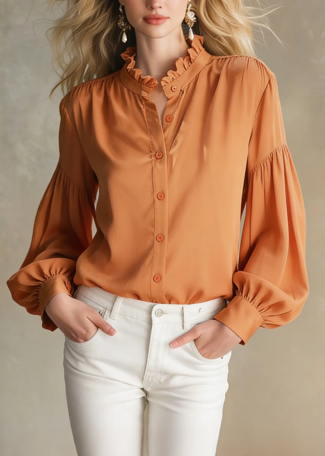 Boutique Orange Ruffled Patchwork Silk Shirt Tops Spring