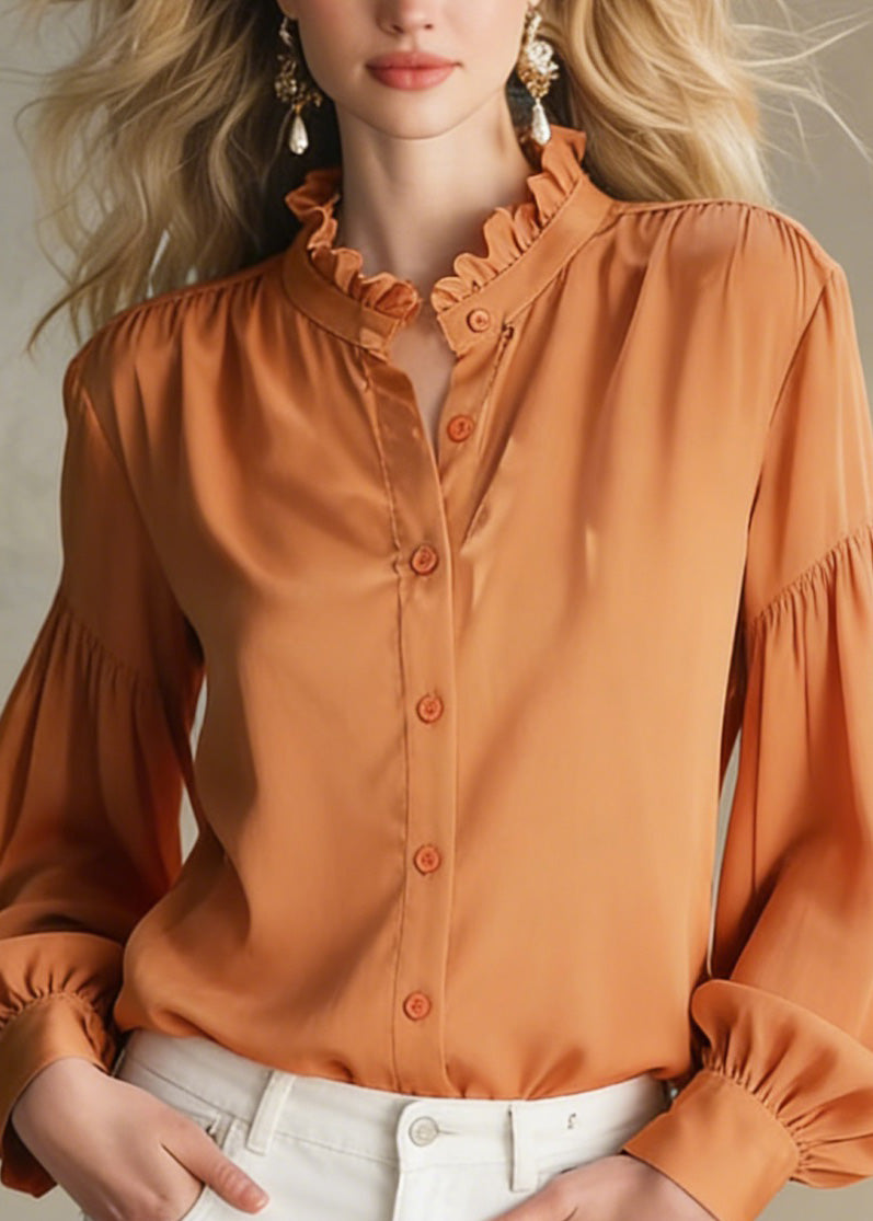 Boutique Orange Ruffled Patchwork Silk Shirt Tops Spring