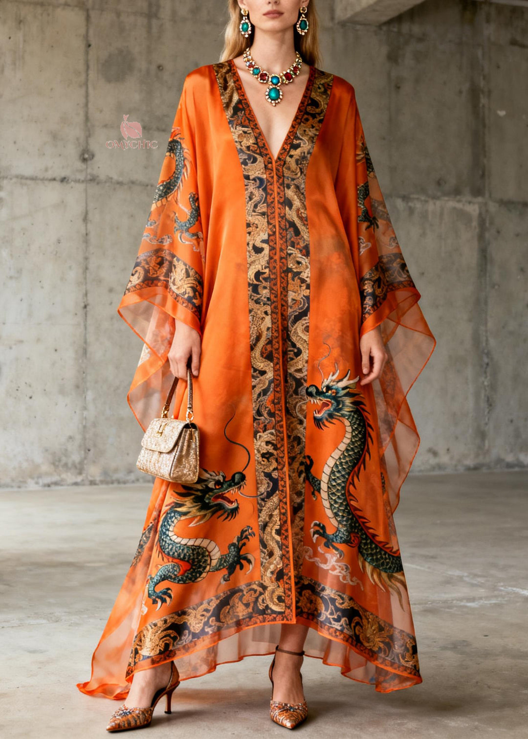 Boutique Orange V Neck Oriental Print Chiffon Dress Summer - Omychic