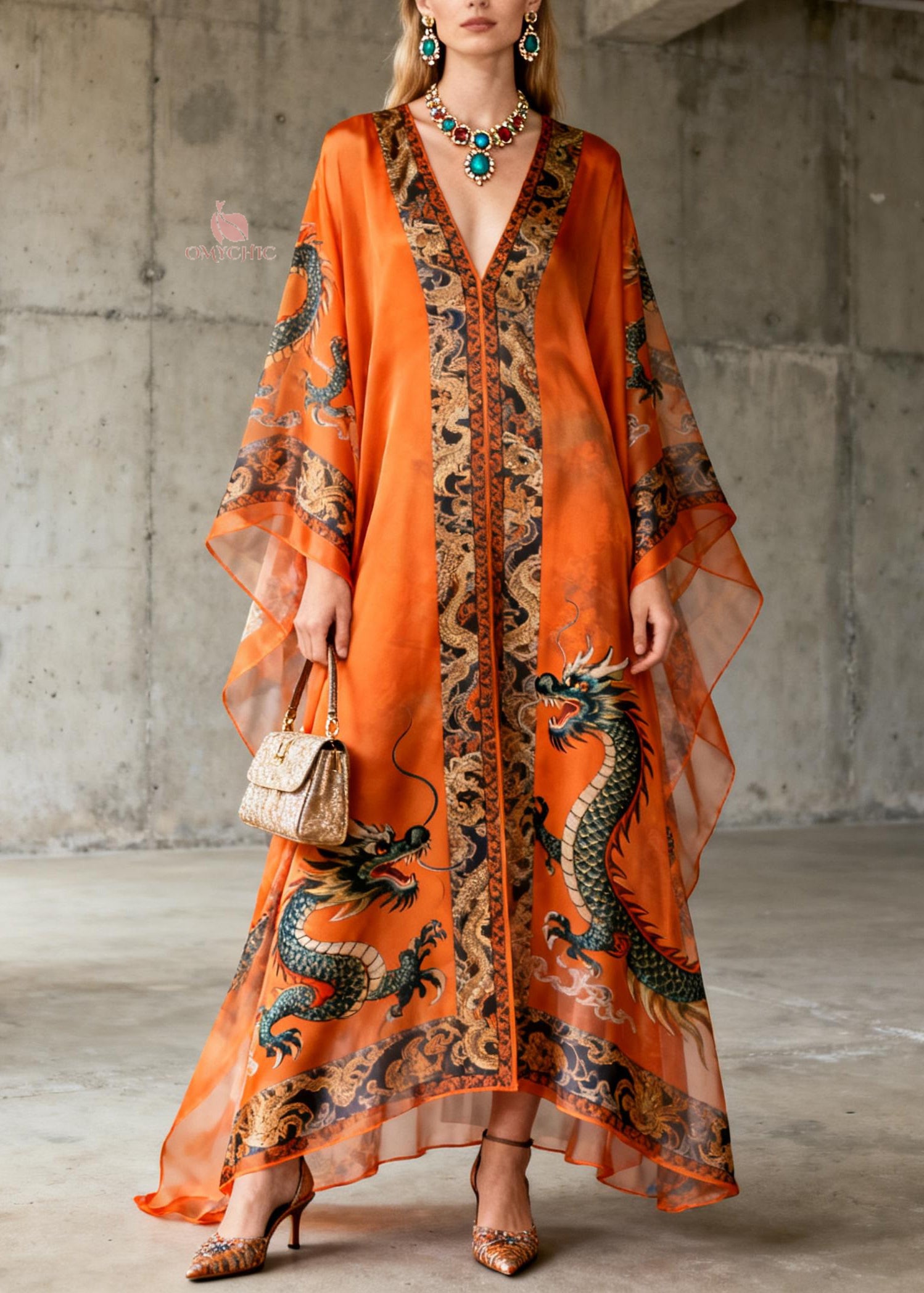 Boutique Orange V Neck Oriental Print Chiffon Dress Summer - Omychic