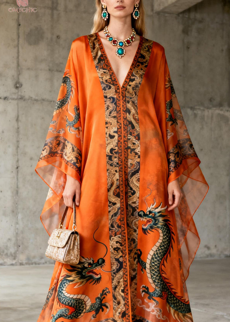 Boutique Orange V Neck Oriental Print Chiffon Dress Summer - Omychic