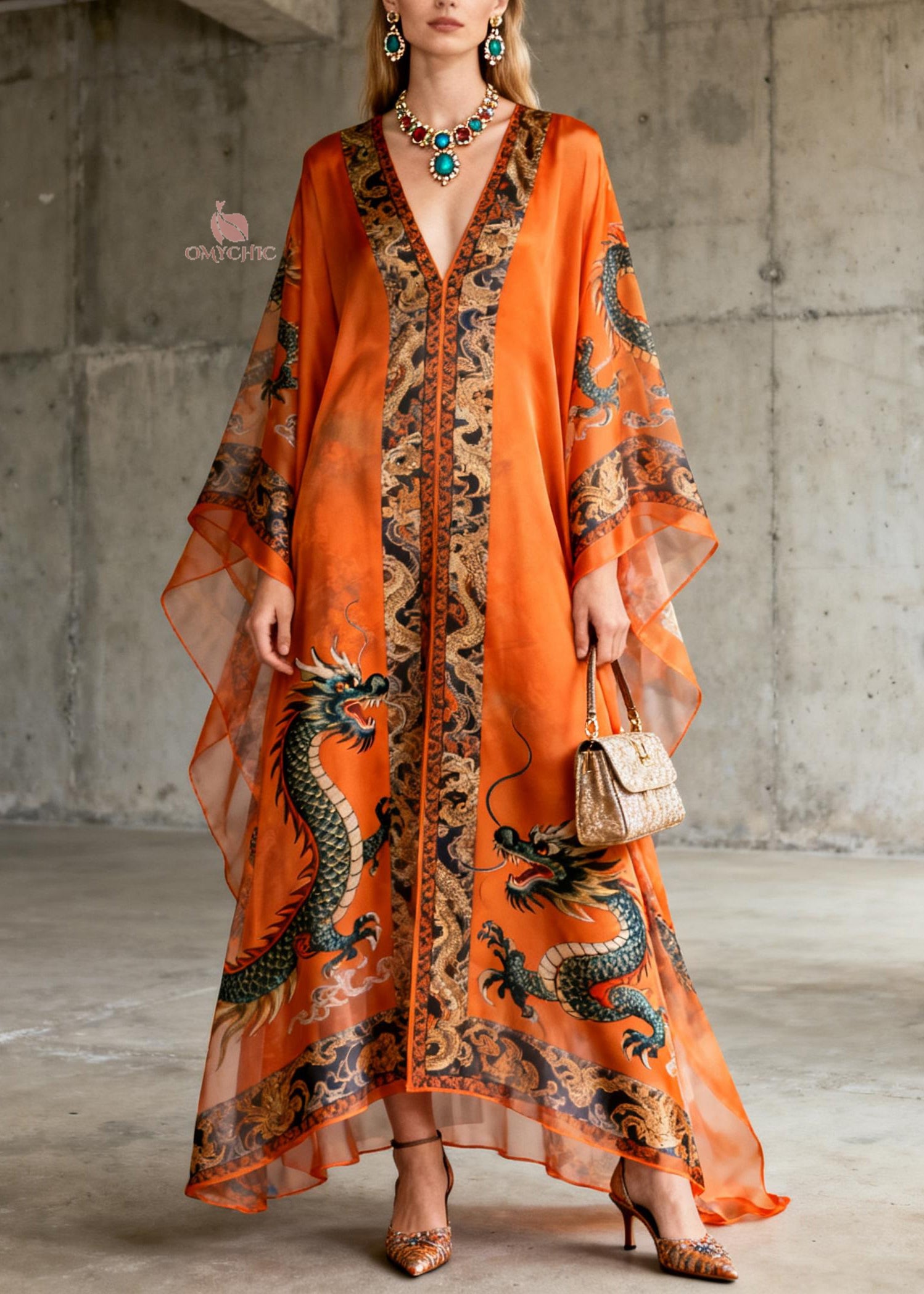 Boutique Orange V Neck Oriental Print Chiffon Dress Summer - Omychic