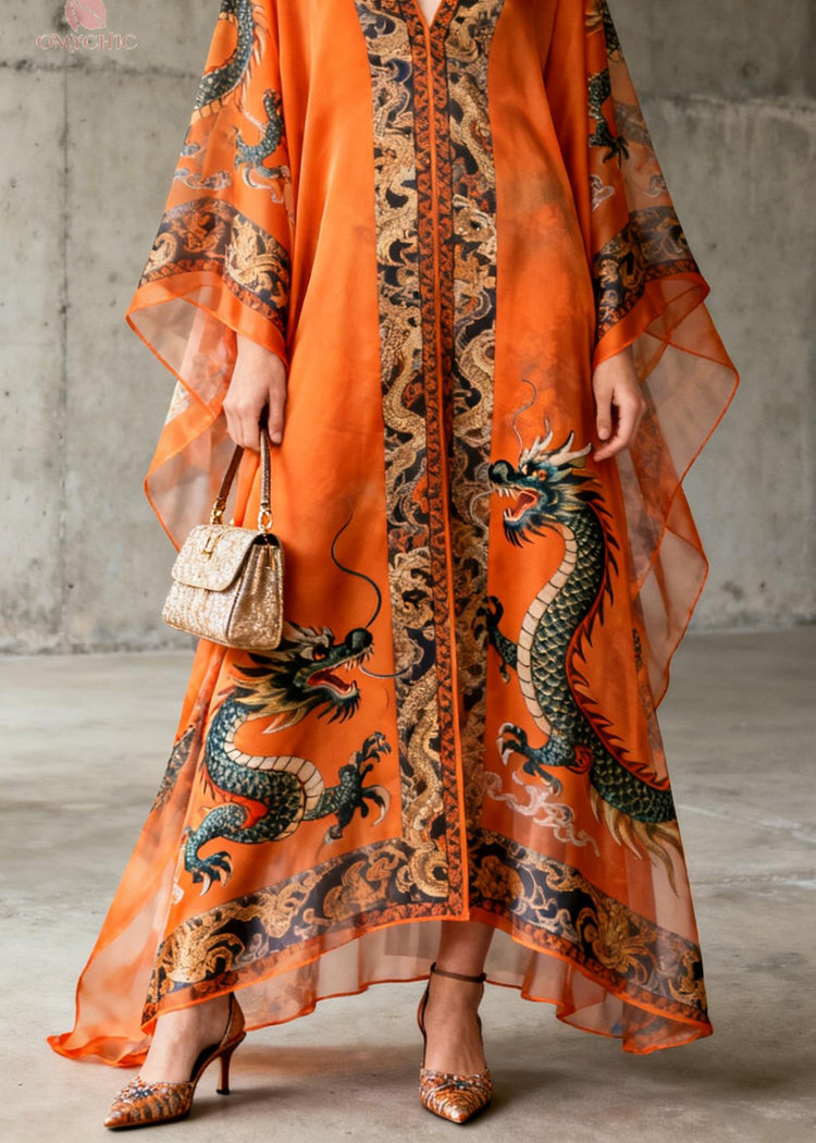 Boutique Orange V Neck Oriental Print Chiffon Dress Summer - Omychic