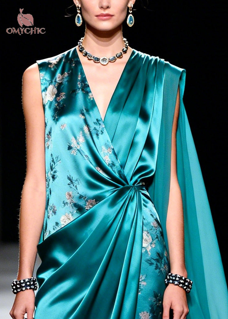 Boutique Peacock Green Asymmetrical Design Print Chiffon Dresses Summer