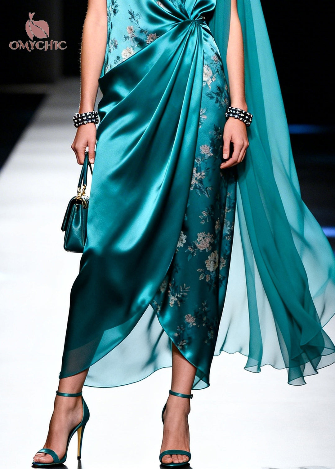 Boutique Peacock Green Asymmetrical Design Print Chiffon Dresses Summer