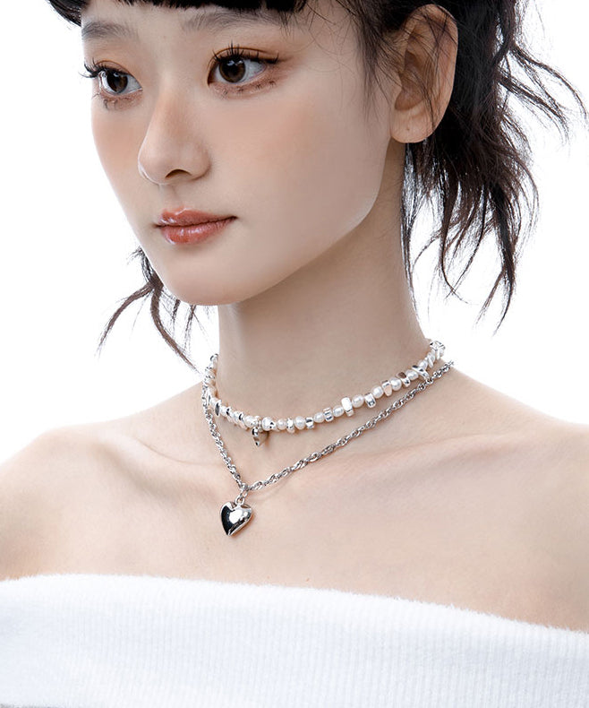 Boutique Pearl Love Heart Pendant Two Piece Set Alloy Necklace