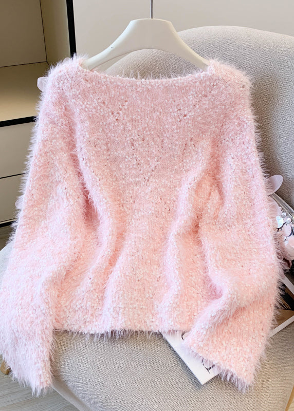 Boutique Pink Floral Faux Mink Hair Knitted Cozy Sweater Winter