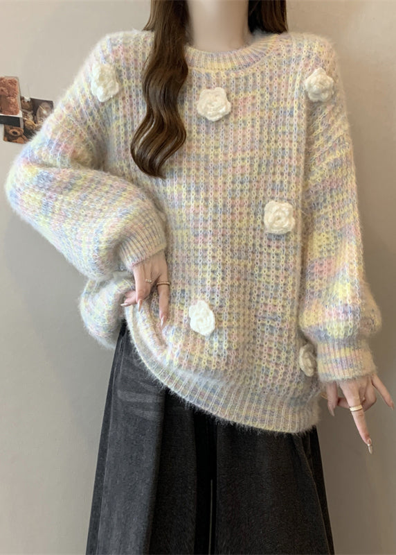 Boutique Pink O Neck Floral Decorated Knit Pullover Winter