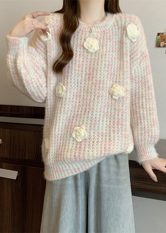 Boutique Pink O Neck Floral Decorated Knit Pullover Winter
