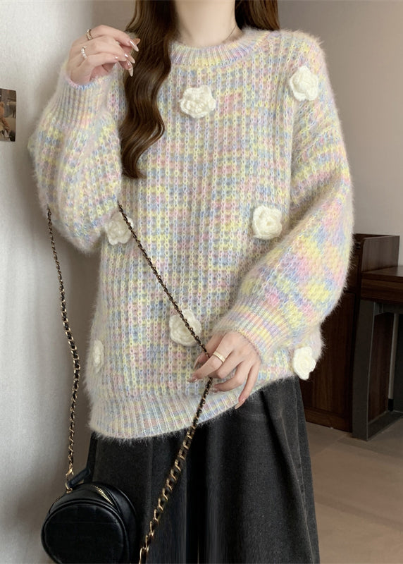 Boutique Pink O Neck Floral Decorated Knit Pullover Winter