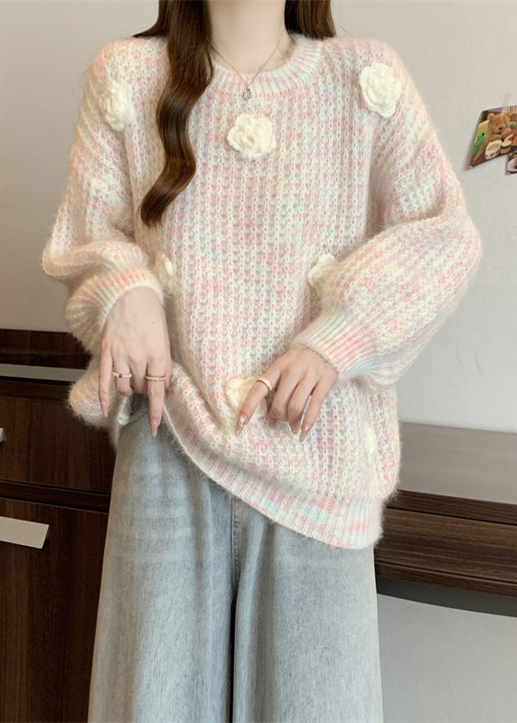 Boutique Pink O Neck Floral Decorated Knit Pullover Winter