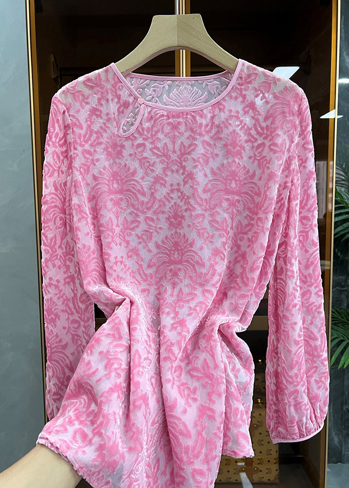 Boutique Pink O Neck Jacquard Silk Velour Blouse Top Spring