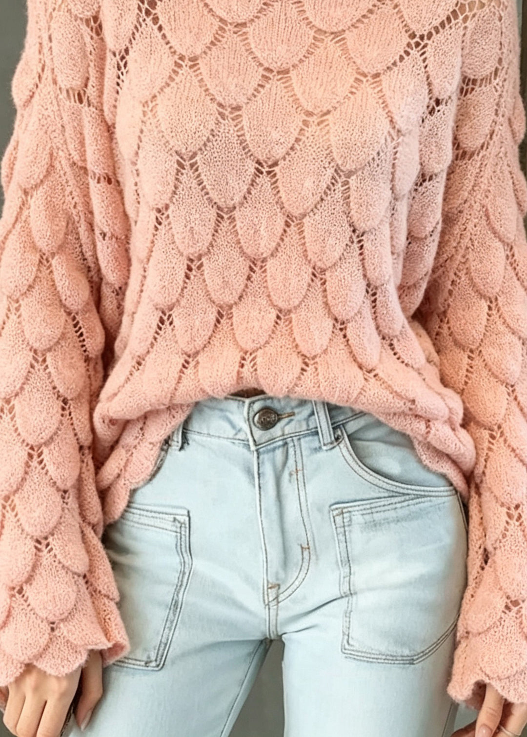 Boutique Pink O Neck Knit Sweater Tops Flare Sleeve