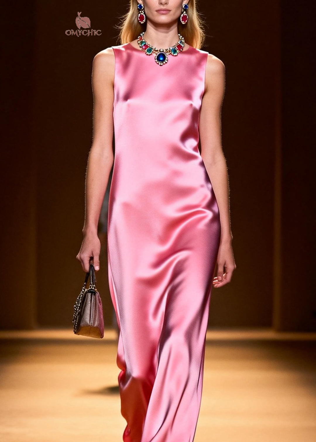 Boutique Pink O Neck Silk Robe Dresses Sleeveless