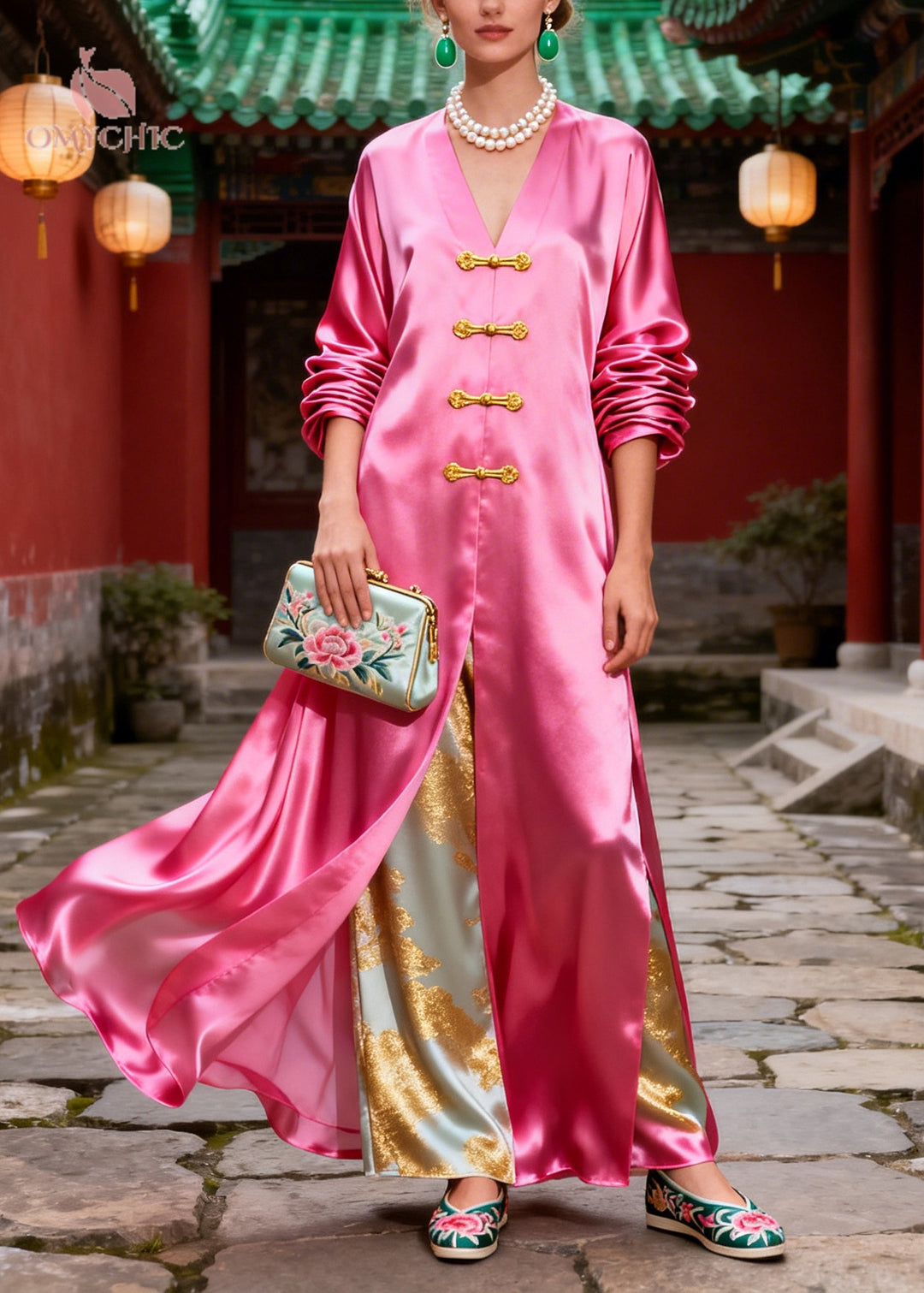 Boutique Pink Oversized Chinese Button Silk Fake Two Piece Dress