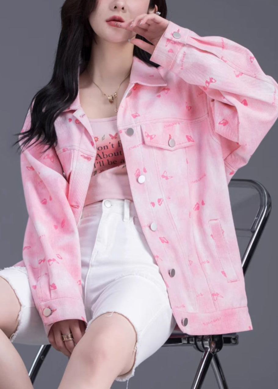 Boutique Pink Oversized Floral Denim Jackets Spring