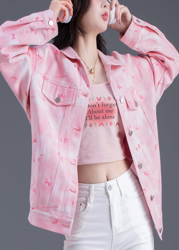 Boutique Pink Oversized Floral Denim Jackets Spring