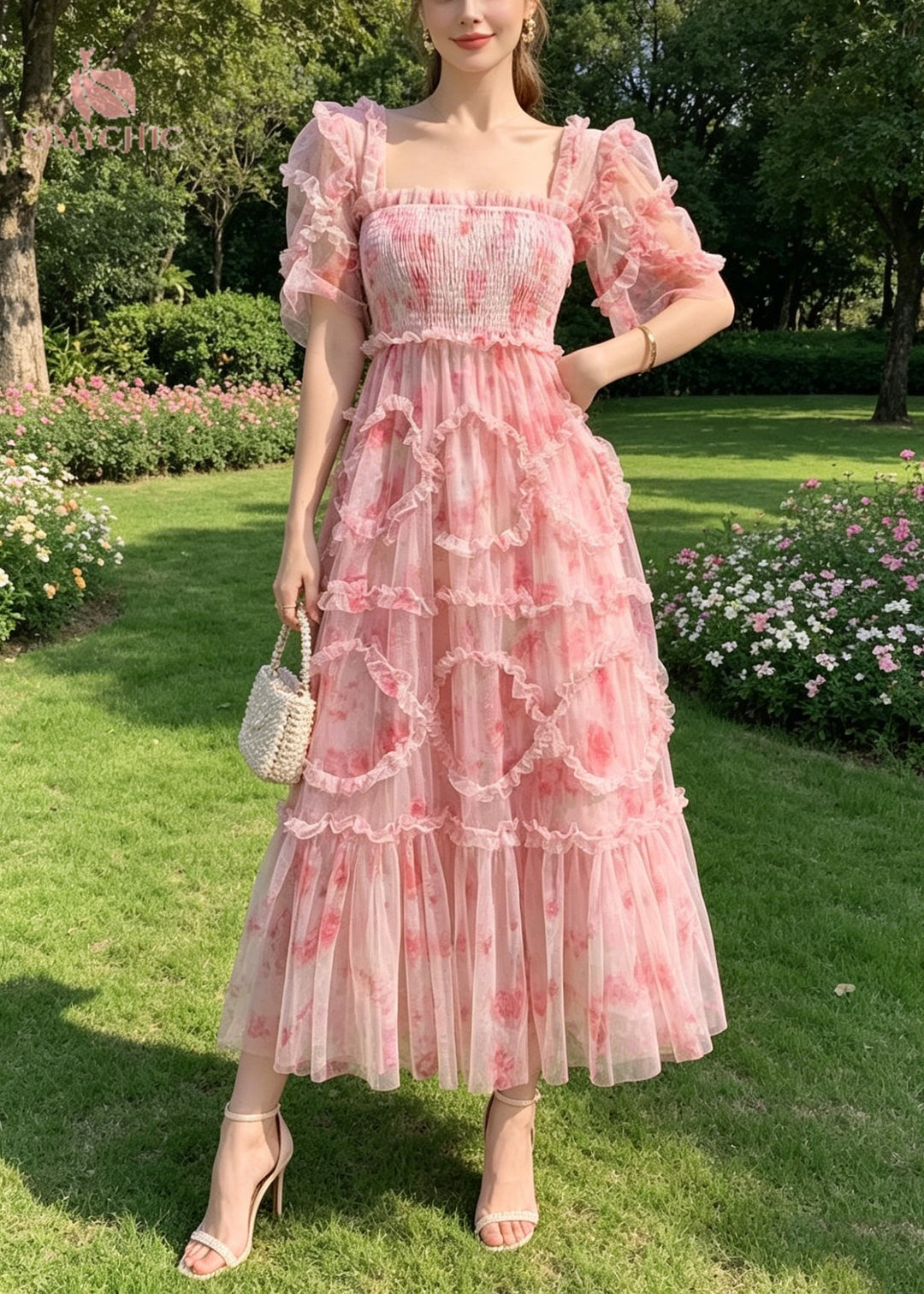 Boutique Pink Ruffled Print Chiffon Vacation Dresses Summer