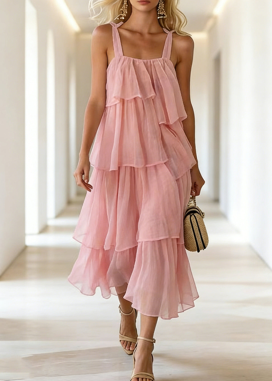 Boutique Pink Ruffles Layered Cotton Cami Dress Summer