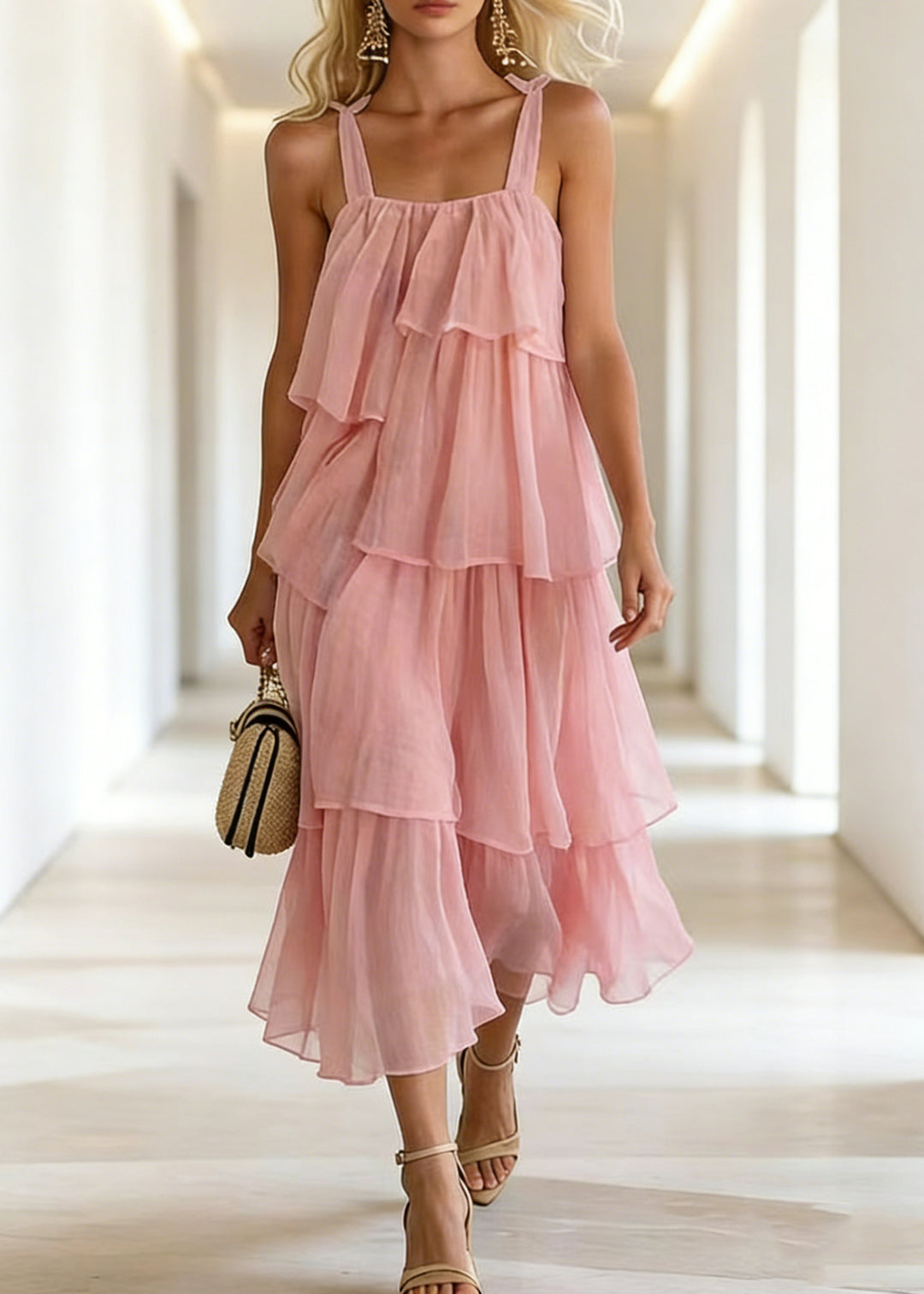 Boutique Pink Ruffles Layered Cotton Cami Dress Summer