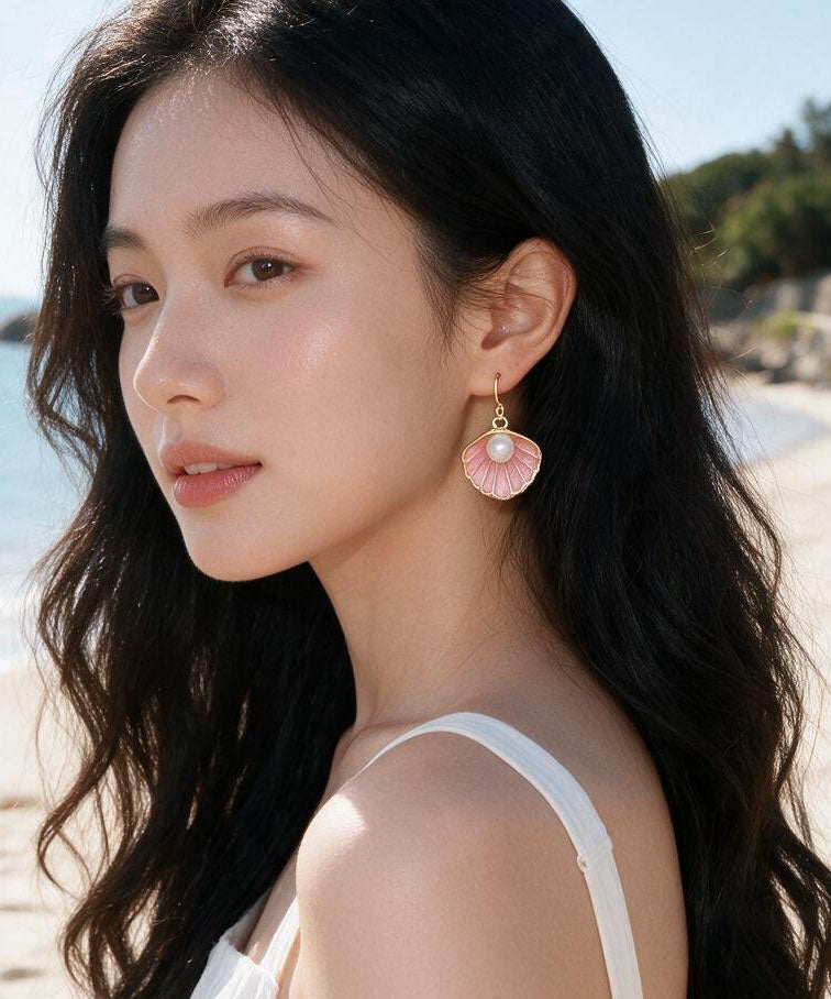 Boutique Pink Seashell Metal Fine Pearl Drop Earrings
