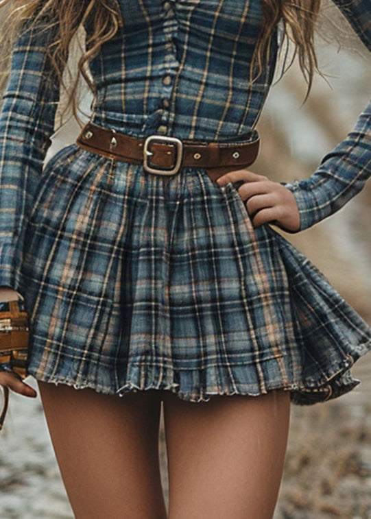 Boutique Plaid Pastoral Style Long Sleeve Mini Dress