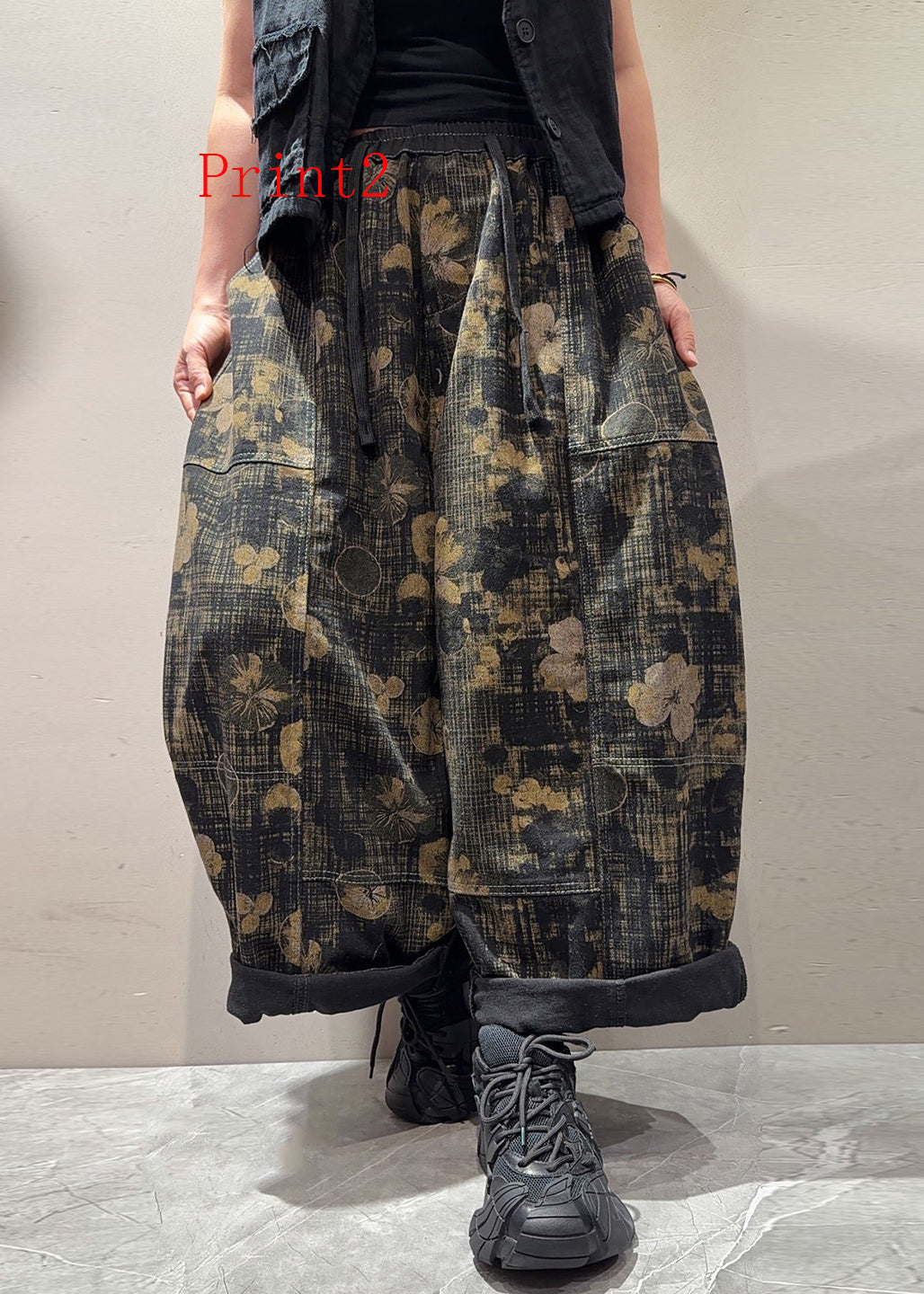 Boutique Pockets Print Elastic Waist Denim Pants Trousers Fall
