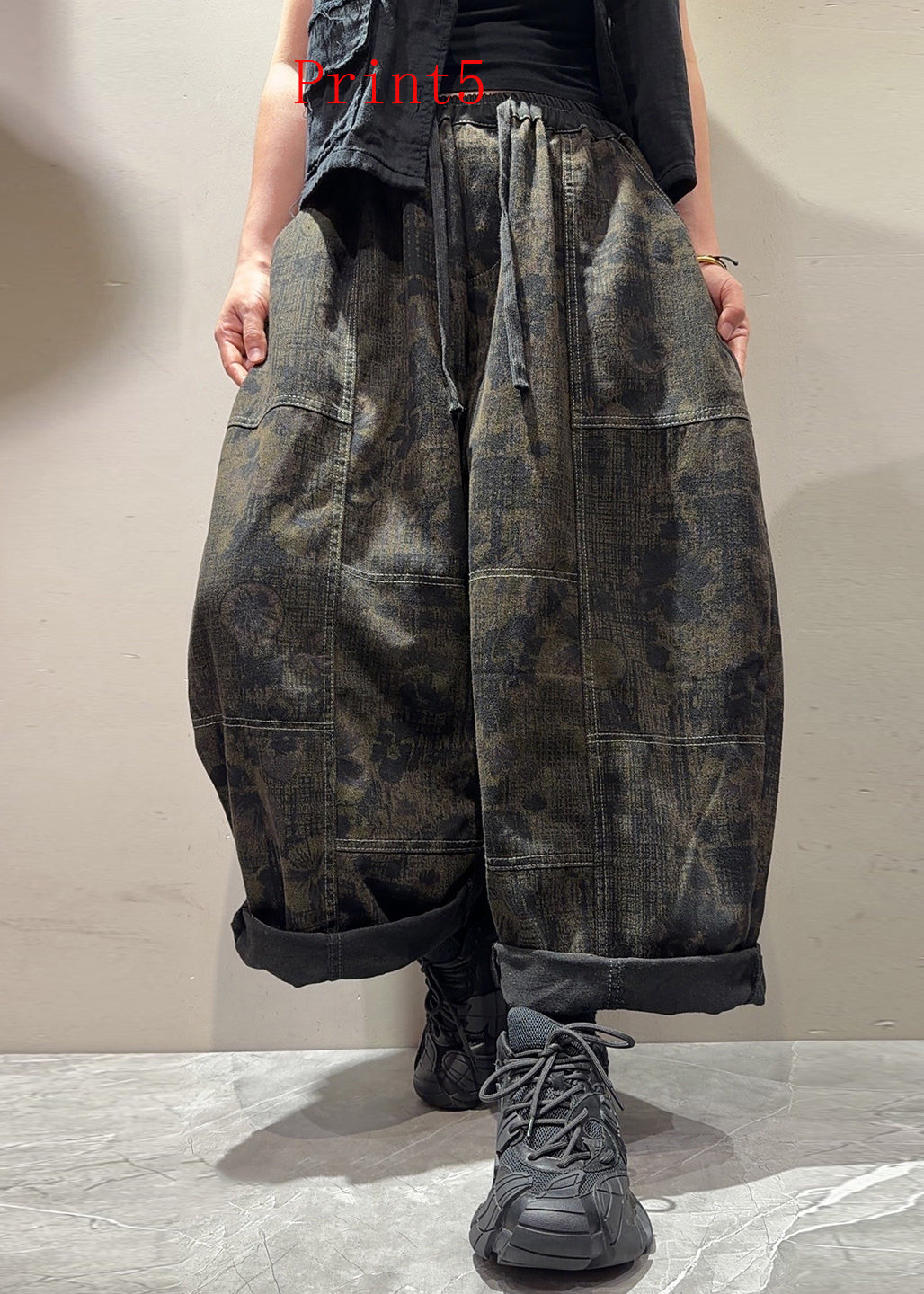 Boutique Pockets Print Elastic Waist Denim Pants Trousers Fall