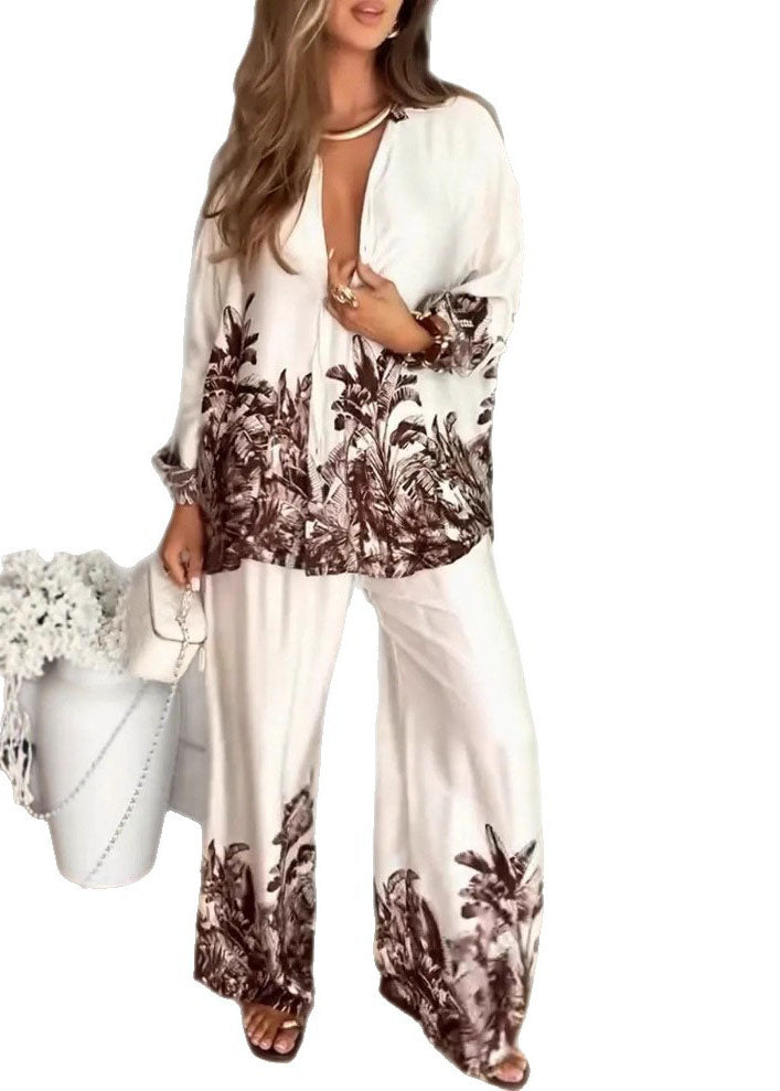 Boutique Print Tops And Pants Silk Women Sets 2 Pieces Spring