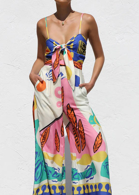 Boutique Printed Waistcinched Tieknot Wideleg Straight Tube Romper Sleeveless