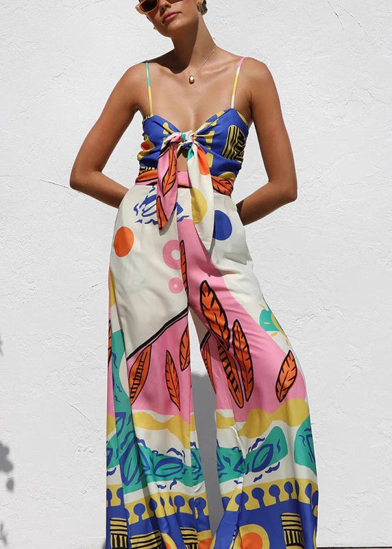 Boutique Printed Waistcinched Tieknot Wideleg Straight Tube Romper Sleeveless