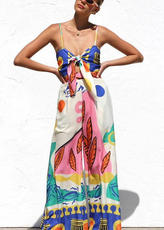 Boutique Printed Waistcinched Tieknot Wideleg Straight Tube Romper Sleeveless