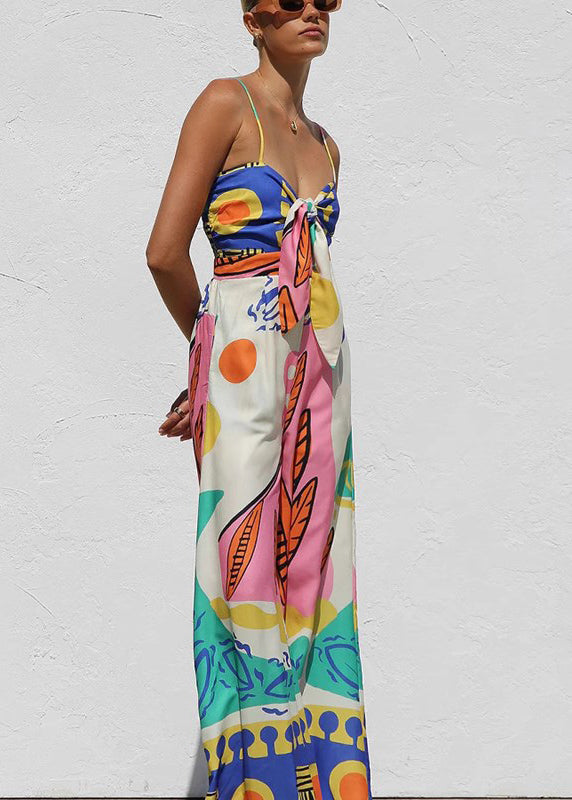 Boutique Printed Waistcinched Tieknot Wideleg Straight Tube Romper Sleeveless