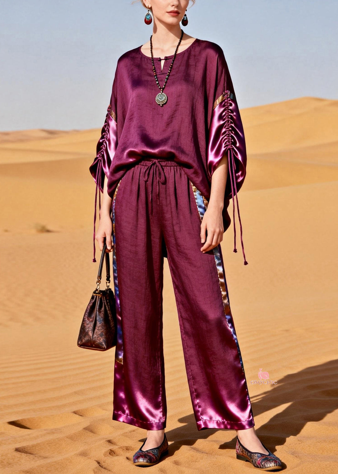 Boutique Purple Drawstring Elastic Waist Silk Patchwork Two Piece Set