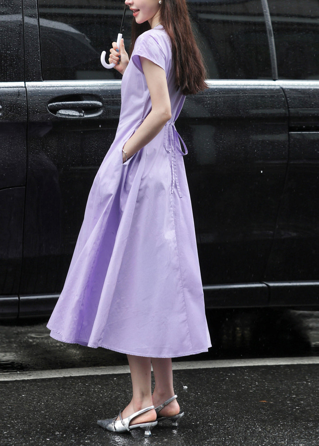 Boutique Purple O-Neck Cotton Day Dress Summer