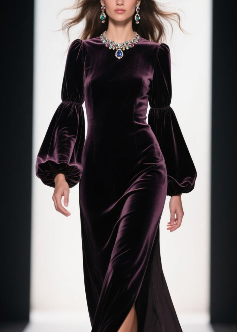 Boutique Purple Side Open Patchwork Velvet Ankle Dress Fall