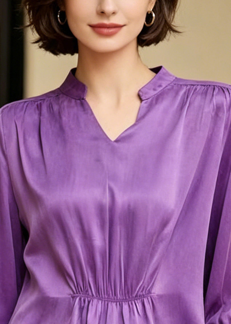 Boutique Purple V Neck Wrinkled Silk Shirts Half Sleeve