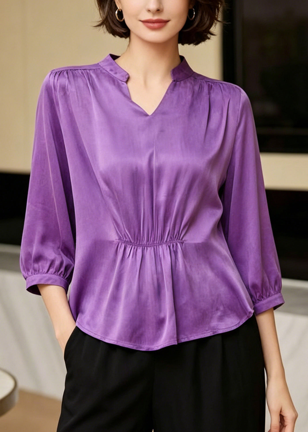 Boutique Purple V Neck Wrinkled Silk Shirts Half Sleeve